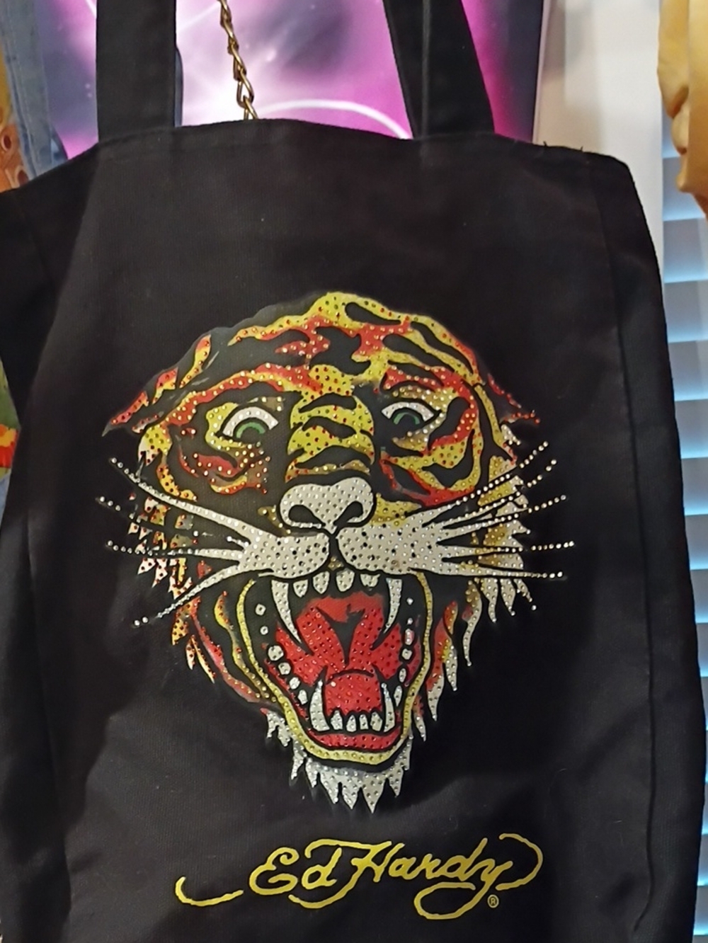 Vintage Ed Hardy Black Tote with Multicolor Tiger and Silver Studs